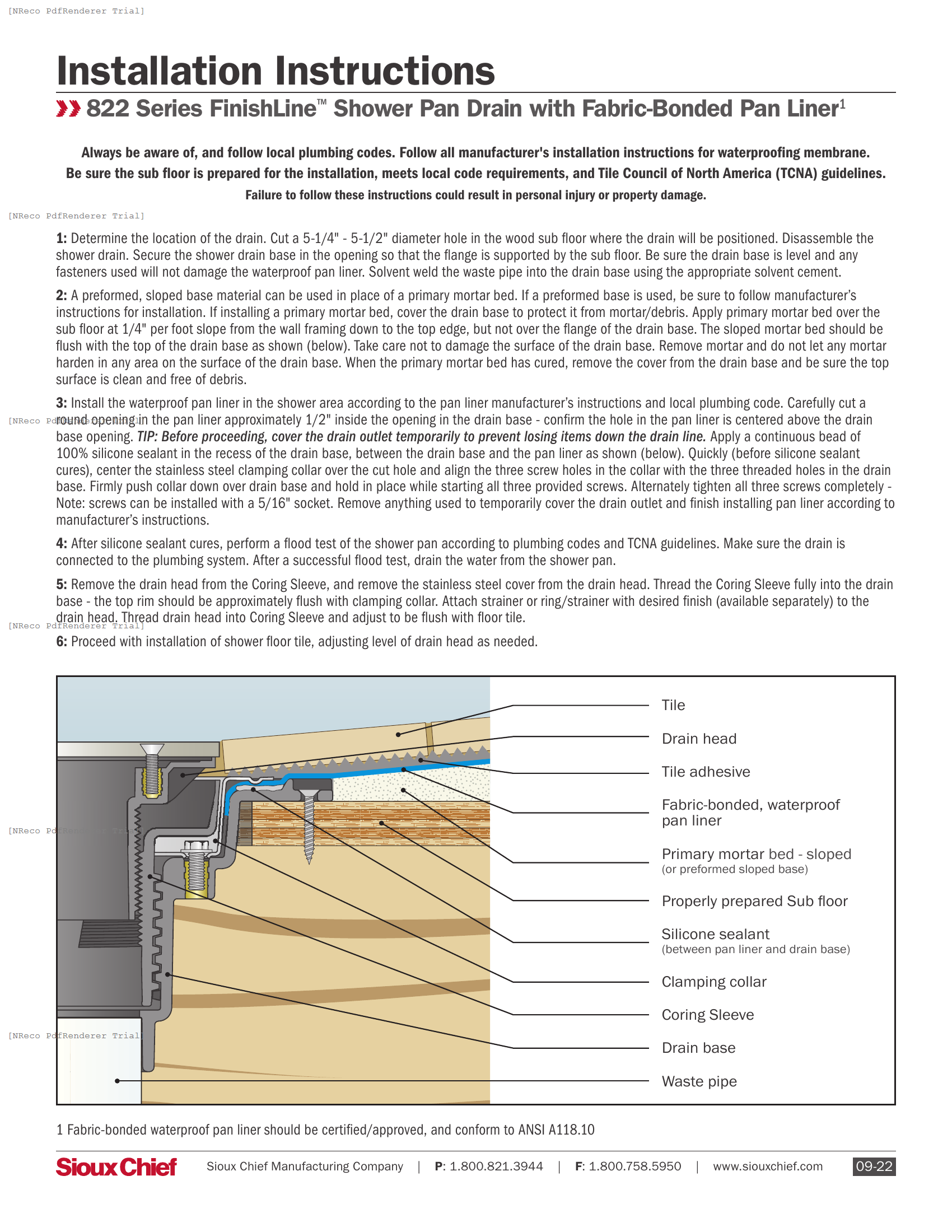 822 SERIES - FINISHLINE SHOWER PAN DRAIN WITH FABRIC-BONDED PAN LINER - INSTALLATION INSTRUCTIONS.PDF Technical Document